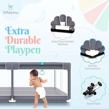 Baby Playpen for Babies and Toddlers - Cozy Play Yard with Gate, Fence, Pull Rings & Carry Bag - Indoor or Outdoor Play Pen - 48 x 48 Inch Play Area - The CuddlePen by Babylicious Dark Grey