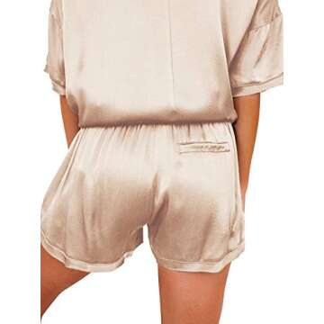 LYANER Women's Satin Silky Pajamas Set Short Sleeve T-shirt With Shorts Set Pjs Loungewear Champagne Large