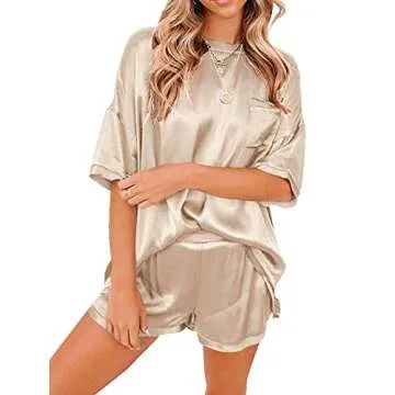 LYANER Women's Satin Silky Pajamas Set Short Sleeve T-shirt With Shorts Set Pjs Loungewear Champagne Large