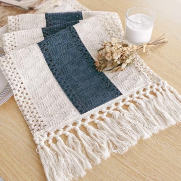 FEXIA Boho Blue Table Runner with Macrame Tassels for Rustic Weddings and More