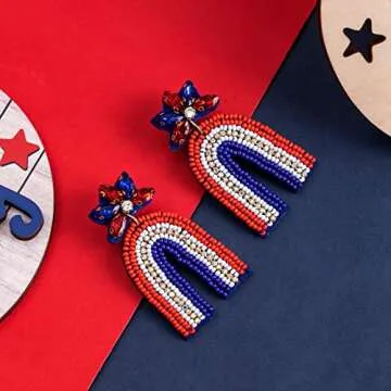 American Flag Dangle Earrings Beaded - Handmade 4th of July Patriotic Earrings, Independence Day Accessories (RAINBOW)