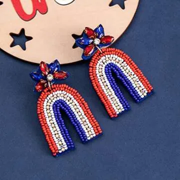 American Flag Dangle Earrings Beaded - Handmade 4th of July Patriotic Earrings, Independence Day Accessories (RAINBOW)