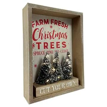 Heyaner Christmas Tree Decorations for Home LED Lighted Farm Fresh Table Decor Wooden Rustic Farmhouse Block 9 x 6.8 Inches Winter Holidays Sign for Party Coffee Table