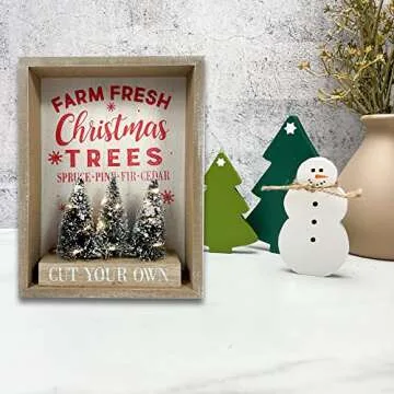 Heyaner Christmas Tree Decorations for Home LED Lighted Farm Fresh Table Decor Wooden Rustic Farmhouse Block 9 x 6.8 Inches Winter Holidays Sign for Party Coffee Table