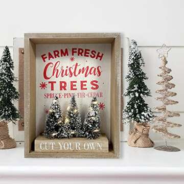 Heyaner Christmas Tree Decorations for Home LED Lighted Farm Fresh Table Decor Wooden Rustic Farmhouse Block 9 x 6.8 Inches Winter Holidays Sign for Party Coffee Table