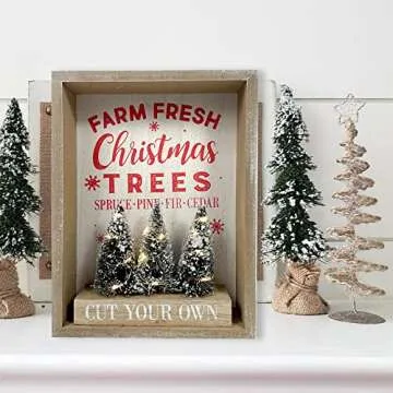 Heyaner Christmas Tree Decorations for Home LED Lighted Farm Fresh Table Decor Wooden Rustic Farmhouse Block 9 x 6.8 Inches Winter Holidays Sign for Party Coffee Table