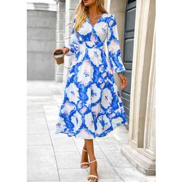 PRETTYGARDEN Women's Spring Floral Midi Dress Casual Fall V Neck Long Sleeve Flowy Beach Wedding Guest Vacation Dresses (Blue Watercolour,Small)