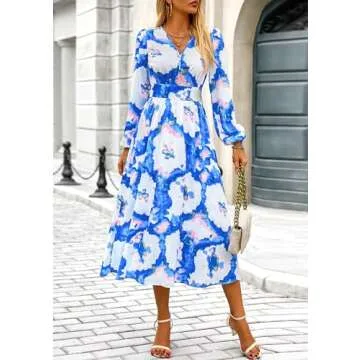 PRETTYGARDEN Women's Spring Floral Midi Dress Casual Fall V Neck Long Sleeve Flowy Beach Wedding Guest Vacation Dresses (Blue Watercolour,Small)