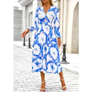 PRETTYGARDEN Women's Spring Floral Midi Dress Casual Fall V Neck Long Sleeve Flowy Beach Wedding Guest Vacation Dresses (Blue Watercolour,Small)