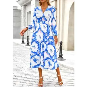 PRETTYGARDEN Women's Spring Floral Midi Dress Casual Fall V Neck Long Sleeve Flowy Beach Wedding Guest Vacation Dresses (Blue Watercolour,Small)
