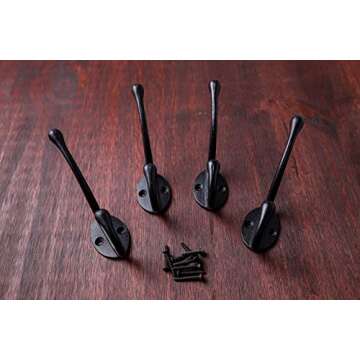 Craftsman Road Vintage Cast Iron Wall Hooks (Black Texture Finish, Set of 4) - Rustic, Farmhouse Coat Hooks | Great for Coats, Bags, Towels, Hats | Classic Slender