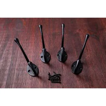 Craftsman Road Vintage Cast Iron Wall Hooks (Black Texture Finish, Set of 4) - Rustic, Farmhouse Coat Hooks | Great for Coats, Bags, Towels, Hats | Classic Slender