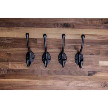 Craftsman Road Vintage Cast Iron Wall Hooks (Black Texture Finish, Set of 4) - Rustic, Farmhouse Coat Hooks | Great for Coats, Bags, Towels, Hats | Classic Slender