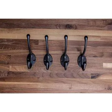 Craftsman Road Vintage Cast Iron Wall Hooks (Black Texture Finish, Set of 4) - Rustic, Farmhouse Coat Hooks | Great for Coats, Bags, Towels, Hats | Classic Slender