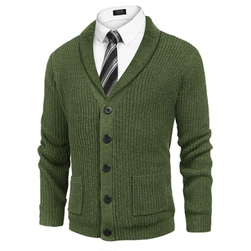 COOFANDY Men's Shawl Collar Cardigan Sweater Slim Fit Cable Knit Button Up Sweater with Pockets Army Green