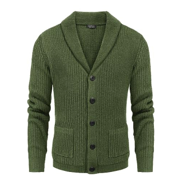 COOFANDY Men's Shawl Collar Cardigan Sweater Slim Fit Cable Knit Button Up Sweater with Pockets Army Green