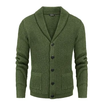 COOFANDY Men's Shawl Collar Cardigan Sweater Slim Fit Cable Knit Button Up Sweater with Pockets Army Green