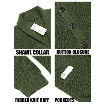 COOFANDY Men's Shawl Collar Cardigan Sweater Slim Fit Cable Knit Button Up Sweater with Pockets Army Green