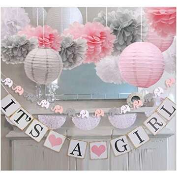 luckylibra Baby Girl Baby Shower Decorations, It is a Girl Banners and Paper Lantern Paper Flower Pom Poms （Pink White Grey）