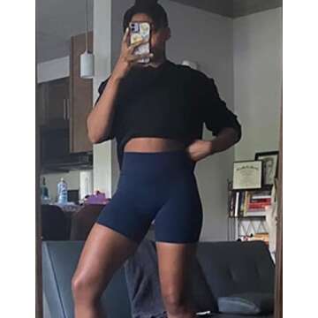 TomTiger Yoga Shorts for Women Tummy Control High Waist Biker Shorts Exercise Workout Butt Lifting Tights Women's Short Pants (Navy, L)