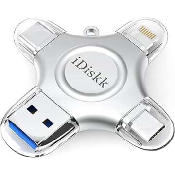 MFi Certified iDiskk 128GB Flash Drive for iPhone 15 16 iPad USB 3.0 Lightning Drive 4 in 1 Multi Fu...