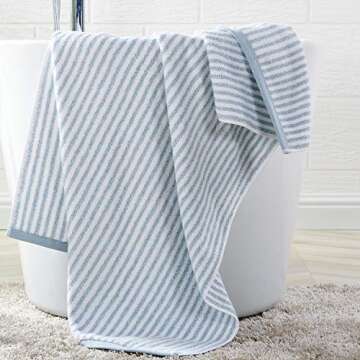 ALFRED SUNG HOME Farmhouse Quick Dry Bath Towel Set, Cotton 6 Piece Set Includes 2 Bath Towels, 2 Hand Towels, 2 Washcloths, Absorbent, Ultra Soft, Decorative Stripe Bathroom Towels (Blue/White)