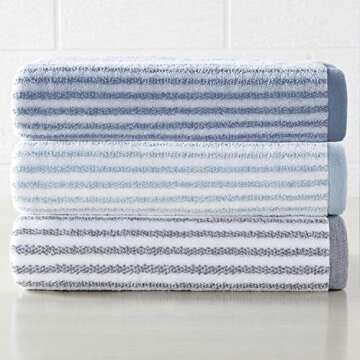 ALFRED SUNG HOME Farmhouse Quick Dry Bath Towel Set, Cotton 6 Piece Set Includes 2 Bath Towels, 2 Hand Towels, 2 Washcloths, Absorbent, Ultra Soft, Decorative Stripe Bathroom Towels (Blue/White)