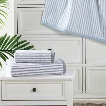 ALFRED SUNG HOME Farmhouse Quick Dry Bath Towel Set, Cotton 6 Piece Set Includes 2 Bath Towels, 2 Hand Towels, 2 Washcloths, Absorbent, Ultra Soft, Decorative Stripe Bathroom Towels (Blue/White)