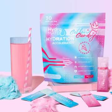 HydroMATE Electrolytes Powder Drink Mix Packets Hydration Accelerator Low Sugar Low Calorie Rapid Party Relief Recovery Plus Vitamin C Cotton Candy Flavor 16 Sticks
