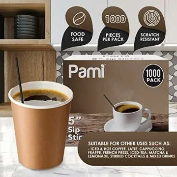 PAMI Disposable Plastic Coffee Stirrers 5 Inch, Pack of 1000 Sip Stirrers 5 Inch for Hot and Cold Drinks, Black