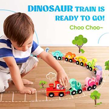 EDUJOY Wooden Dinosaur Train Set - Educational & Imaginative Play for Toddlers