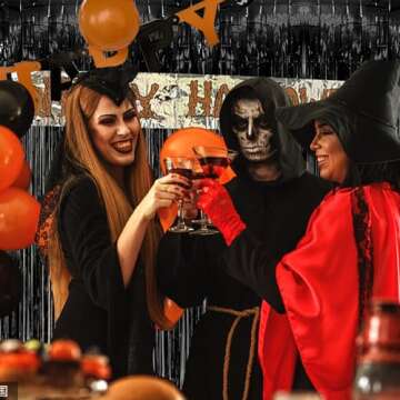 2 Pack Black Party Streamers Backdrop Tinsel Foil Fringe Curtains Halloween Party Decorations Birthd...