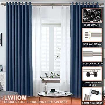 Lwiiom Double Curtain Rods with Aluminum End Cap and Full Surround Brackets,1"Front and 5/8" Back Rod,Adjustable between 36 to 72 Inches (3-6 Feet), Brushed Nickel Double Window Drapery Rod