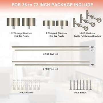 Lwiiom Double Curtain Rods with Aluminum End Cap and Full Surround Brackets,1"Front and 5/8" Back Rod,Adjustable between 36 to 72 Inches (3-6 Feet), Brushed Nickel Double Window Drapery Rod