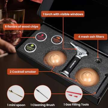 Cocktail Smoker Kit with Torch, 6 Flavors Wood Chips for Whiskey and Bourbon, Old Fashioned Smoker Kit for Infused Cocktail, Cheese, Salad and Meats, Gifts for Men, Dad and Boyfriend (No Butane)