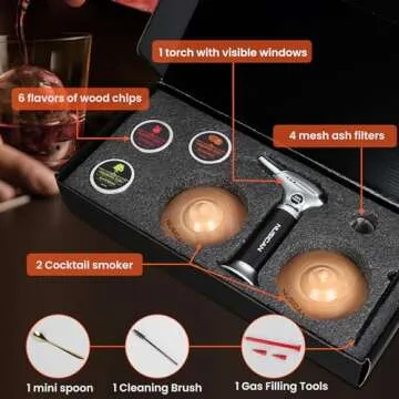 Cocktail Smoker Kit with Torch, 6 Flavors Wood Chips for Whiskey and Bourbon, Old Fashioned Smoker Kit for Infused Cocktail, Cheese, Salad and Meats, Gifts for Men, Dad and Boyfriend (No Butane)