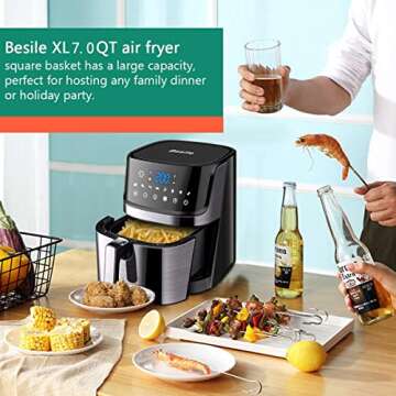 Besile Air Fryer 7.0 Quart Large Capacity 3-5 People Use,Oilless Cooking,Digital Touchscreen, Rotary knob,Large Non-Stick Fryer Basket, Easy to Clean,Black,100 Recipes