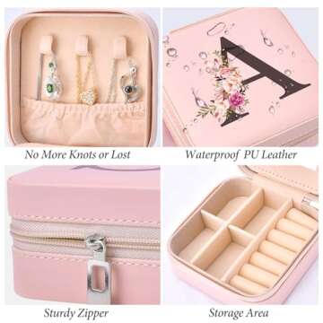 Easter Basket Stuffers for Teens, Christmas Gifts Stocking Stuffers for Teens Women Teen Girls Trendy Stuff Travel Jewelry Box Case Organizer Personalized Birthday Mothers Day Mom Gifts, Initial A