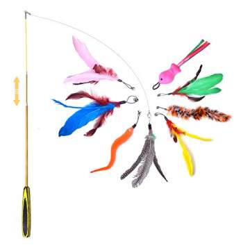 FYNIGO Interactive Cat Kitten Wand Toy Set,2 Retractable Fishing Pole+1 Rainbow Teaser Wand+9 Refills +2 Spare Hook,Funny Cat Feather Toys for Indoor Cats and Kittens to Chase Exercise(14 Pack)