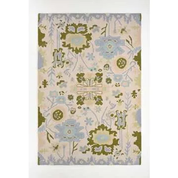 Handmade Oushak Wool Area Rug | Floral and Botanical Patterns in Soft Blue and Green | Luxurious Thi...
