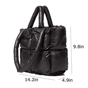 Lightweight Puffer Tote Purse Quilted Women Luxury Handbag Soft Shoulder Bag (Black)