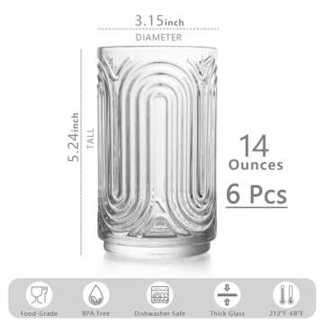 INSETLAN Set of 6 Vintage Glassware - 14 oz Water Drinking Glasses, Art Deco Ripple Glass Cup, Cockt...