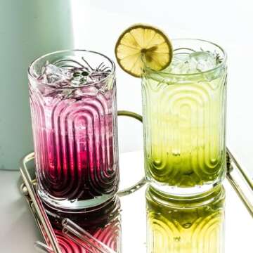 INSETLAN Set of 6 Vintage Glassware - 14 oz Water Drinking Glasses, Art Deco Ripple Glass Cup, Cocktail Glasses, for Bar Beverages Ice Coffee Juice, Housewarming Presents, New House Essentials