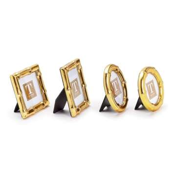 Two's Company Gold Faux Bamboo Photo Frames – Decorative Picture Frame Set with Assorted Shapes (Square, Round, Oval, Rectangle) – Elegant Antique Gold Wall Decor for Coastal Chic Style - Set of 4