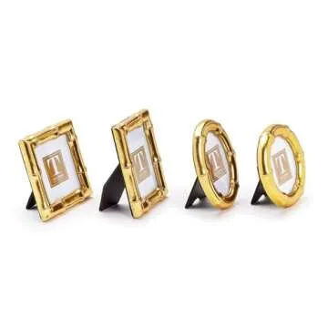 Two's Company Gold Faux Bamboo Photo Frames – Decorative Picture Frame Set with Assorted Shapes (Square, Round, Oval, Rectangle) – Elegant Antique Gold Wall Decor for Coastal Chic Style - Set of 4