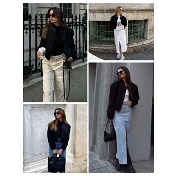 Athlisan Womens Cropped Bomber Jacket Casual Button Down Varsity Baseball Jacket with Pockets(Black-L)