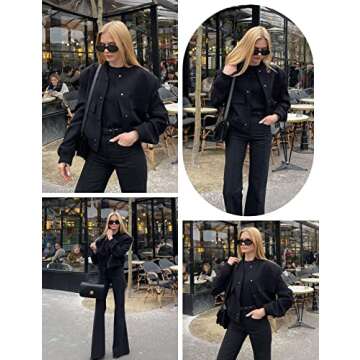 Athlisan Womens Cropped Bomber Jacket Casual Button Down Varsity Baseball Jacket with Pockets(Black-L)