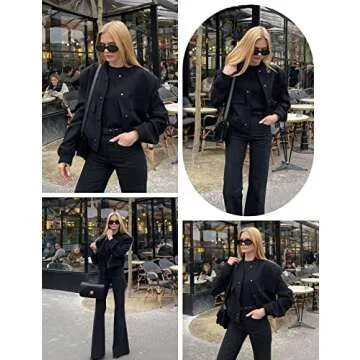 Athlisan Womens Cropped Bomber Jacket Casual Button Down Varsity Baseball Jacket with Pockets(Black-L)