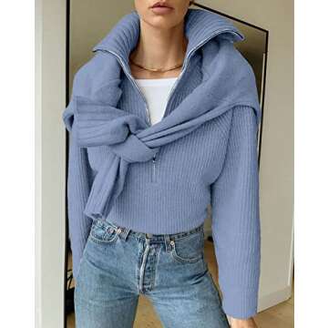 BTFBM Women’s Casual Long Sleeve Half Zip Pullover Sweaters Solid V Neck Collar Ribbed Knitted Loose Slouchy Jumper Tops(Solid Light Blue, Medium)