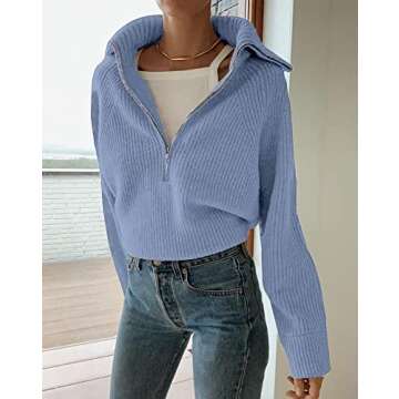 BTFBM Women’s Casual Long Sleeve Half Zip Pullover Sweaters Solid V Neck Collar Ribbed Knitted Loose Slouchy Jumper Tops(Solid Light Blue, Medium)